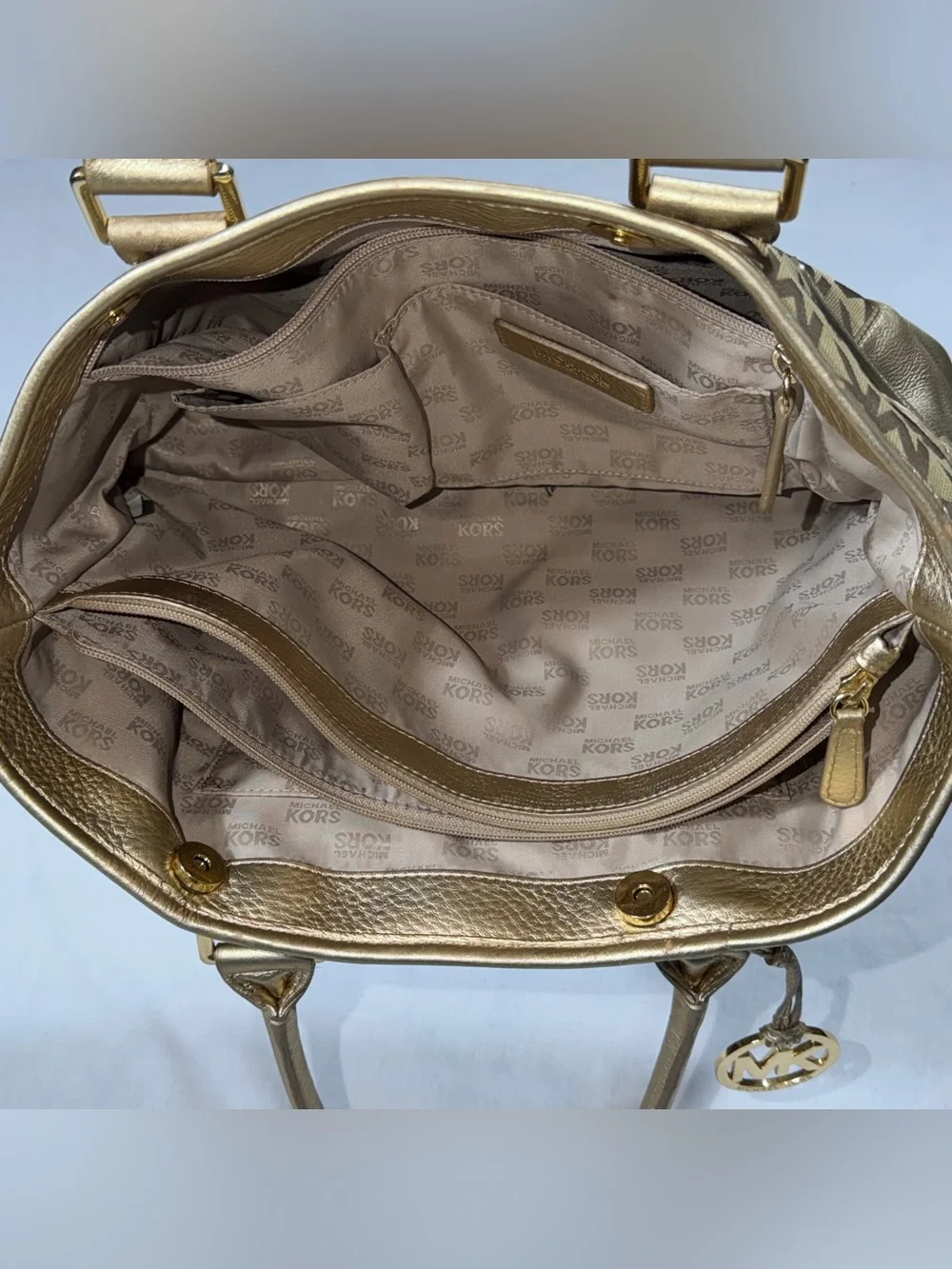 Michael Kors Gold Signature Jacquard Metallic Leather Satchel Bag
